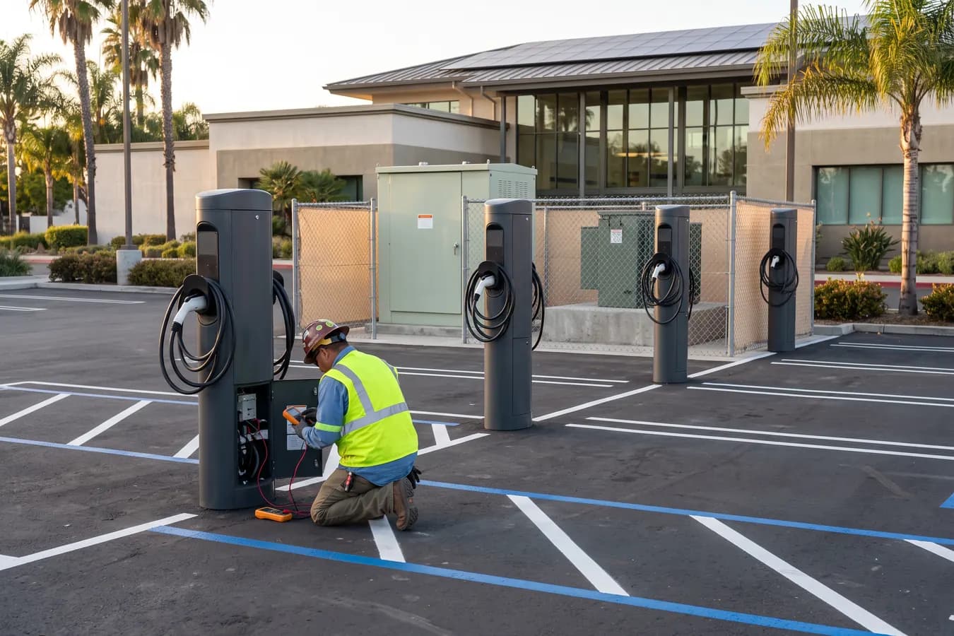 An electrician testing a new EV charger pedestal in a municipal parking lot