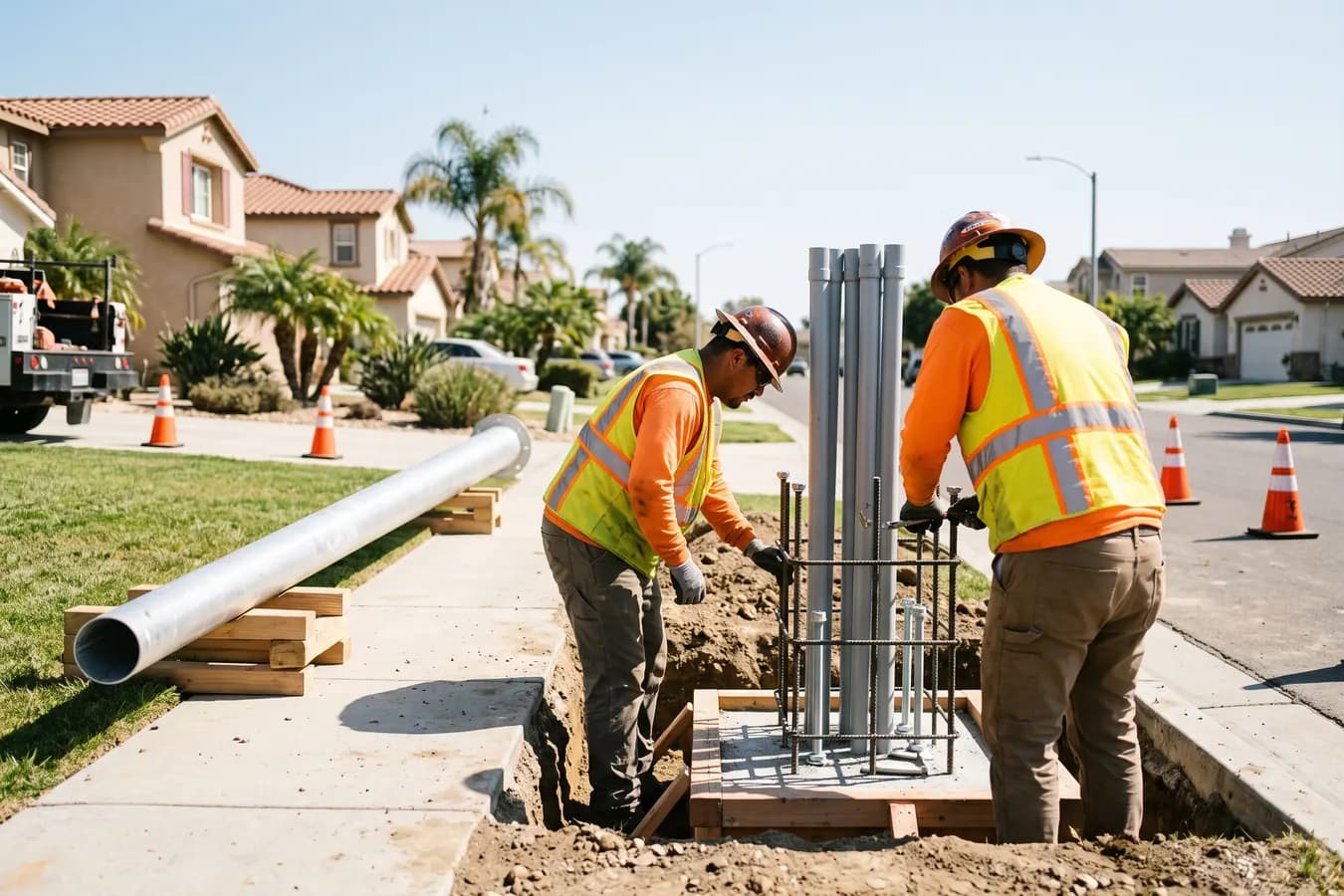 Two electricians setting anchor bolts for a street light pole foundation in a parkway